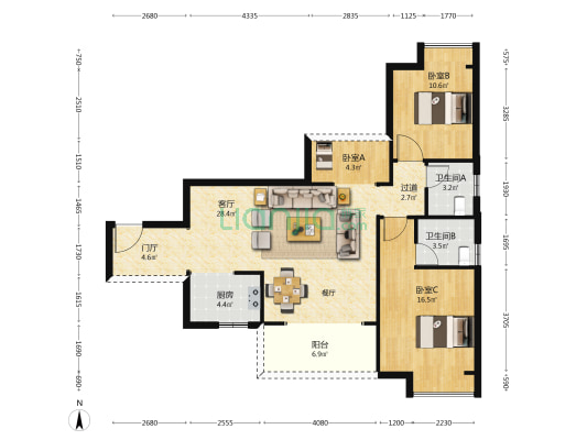外滩金色年华 3室1厅2卫 95平方