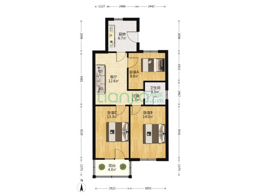 消防支队宿舍 3室1厅1卫 63平方