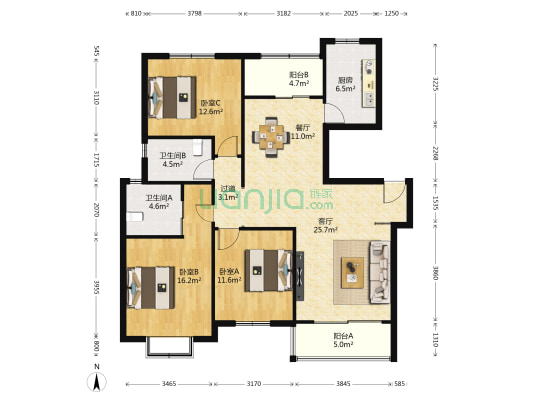 万顺苑 3室2厅2卫 126平方