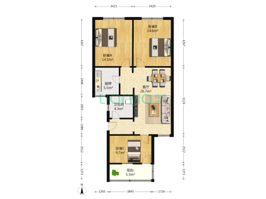 江汉北路183到185号 3室1厅1卫 99平方