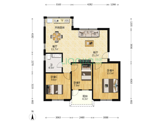 情侣中路23号 3室2厅1卫 81平方