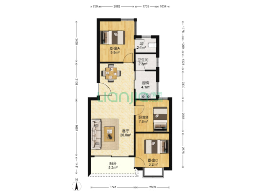 建设北路6号 3室1厅2卫 81平方