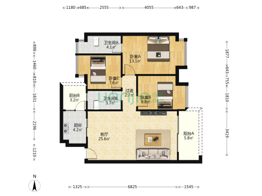 喜溢华府 3室1厅2卫 98平方