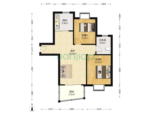 绿洲花园 2室1厅1卫 84平方