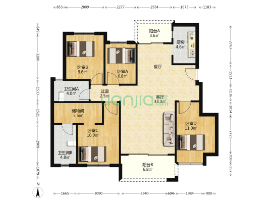 万为·江南里 4室1厅2卫 117平方