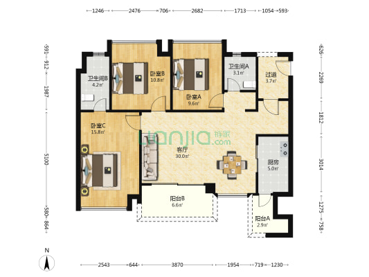 富力新城 3室1厅2卫 107平方