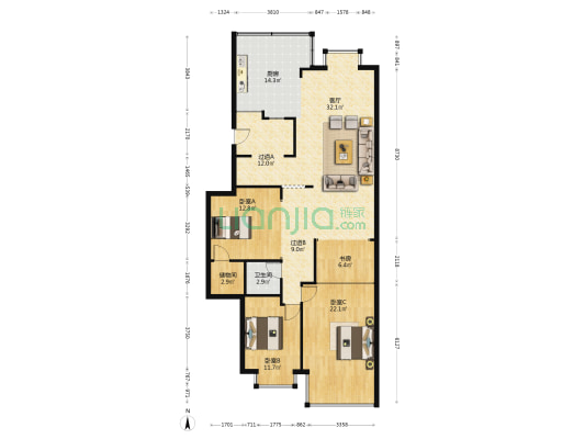 龙港西园大楼 4室1厅1卫 154平方