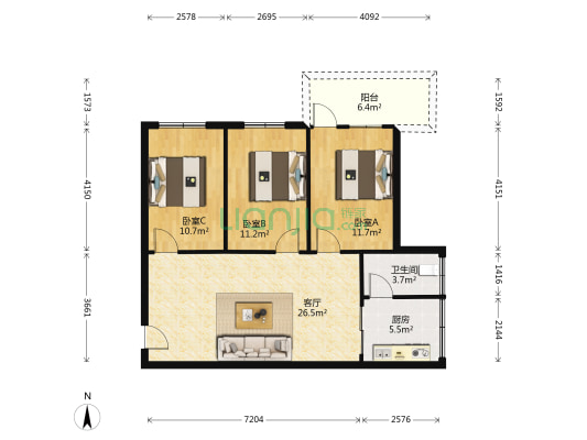 骏达商业中心 3室1厅1卫 85平方