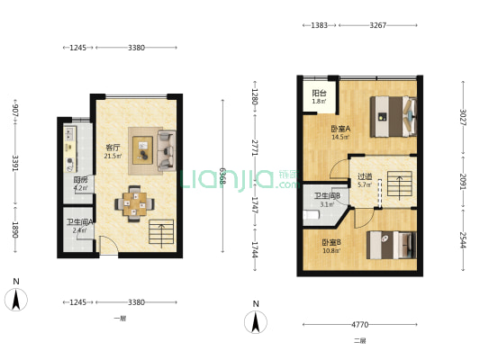 V领寓 2室1厅2卫 45平方