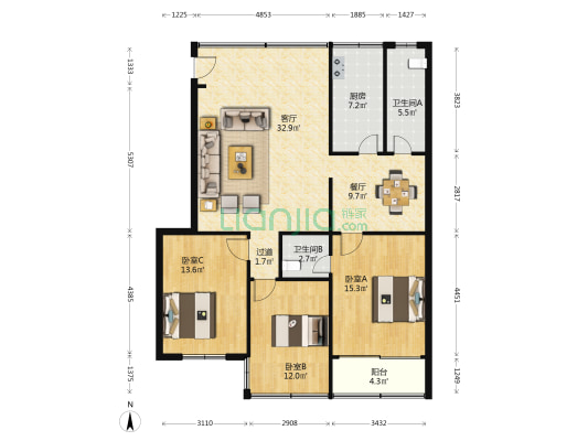 祥发楼 3室2厅2卫 120平方