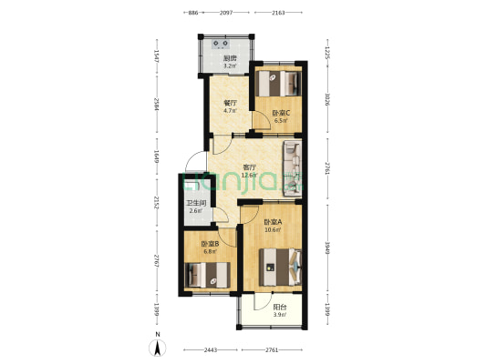 宝山小区 3室2厅1卫 66平方
