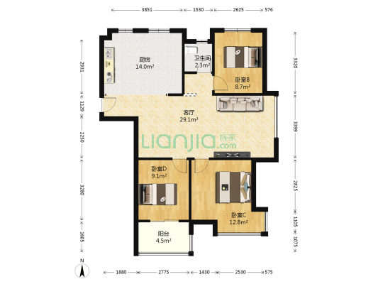 幸福金色湖畔 3室1厅1卫 109平方