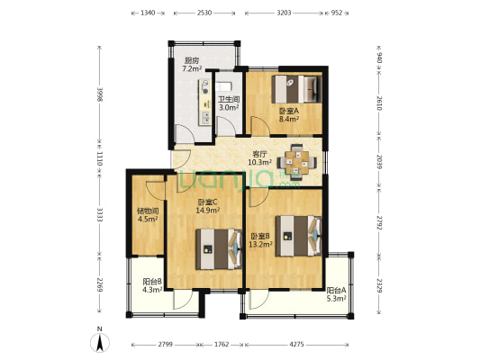 民主北路46号 3室1厅1卫 85平方