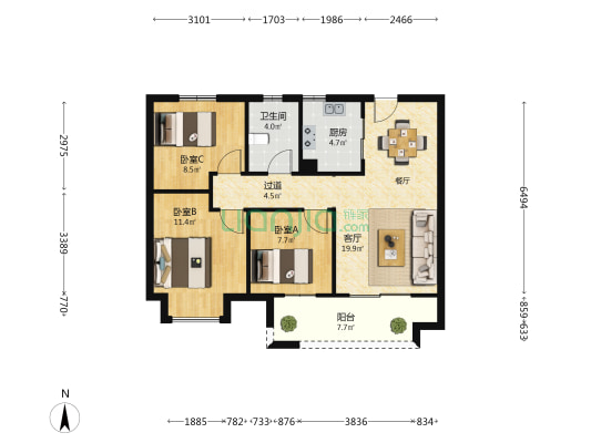 中梁芯都会 3室1厅1卫 93平方