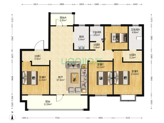 枫华雅园 4室1厅2卫 165平方