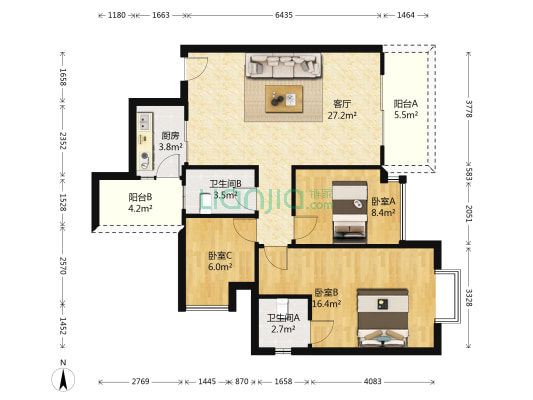 融汇半岛一期A区 3室1厅2卫 88平方