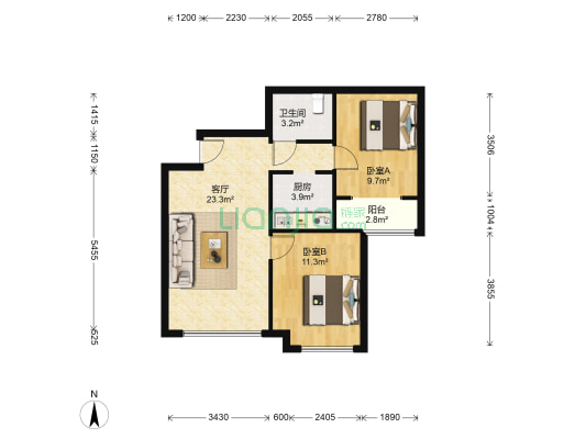 开发区  君临天下御景园   全南两居室-户型图