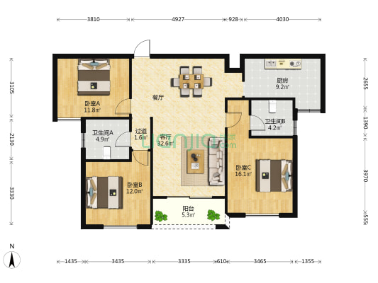 大钱门小区 3室1厅2卫 124平方