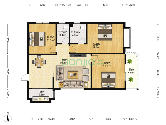 财运大厦 3室1厅2卫 117平方