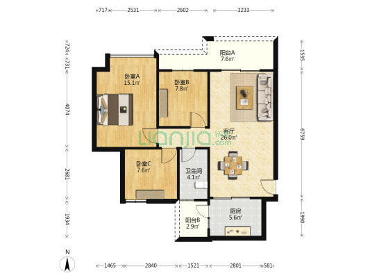 鸿福苑 3室1厅1卫 85平方