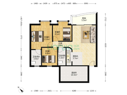 锦江苑二期 3室1厅2卫 87平方