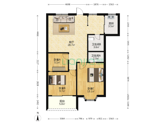 彩虹铺景 3室1厅2卫 89平方