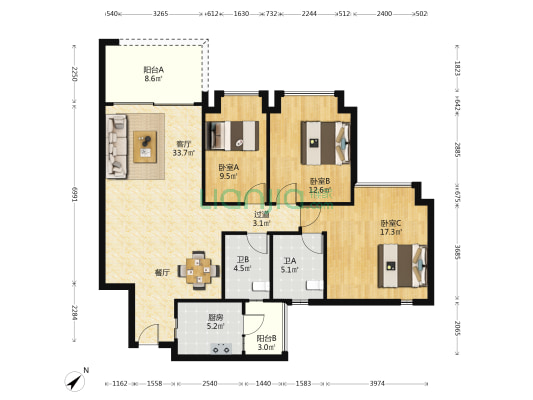 雅居乐城家 3室1厅2卫 118平方