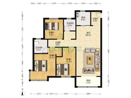 点翠园 3室1厅2卫 127平方