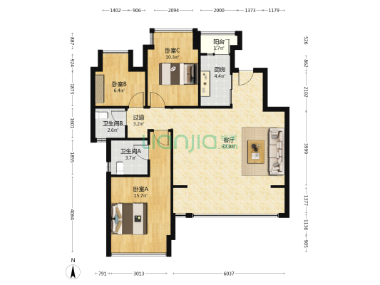 保利和光尘樾三期 3室1厅2卫 104平方