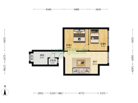 宝山南路199号 2室1厅1卫 58平方