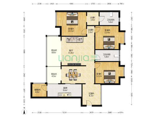 中铁阅山湖-樾园 3室1厅2卫 136平方