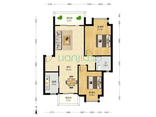 英国小镇风笛园 2室1厅1卫 91平方