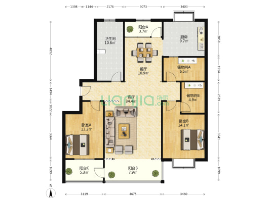 帝都国际 2室2厅1卫 167平方