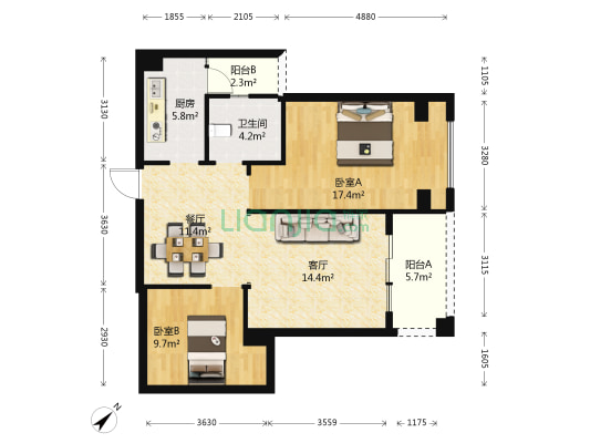 金色国际 2室2厅1卫 82平方