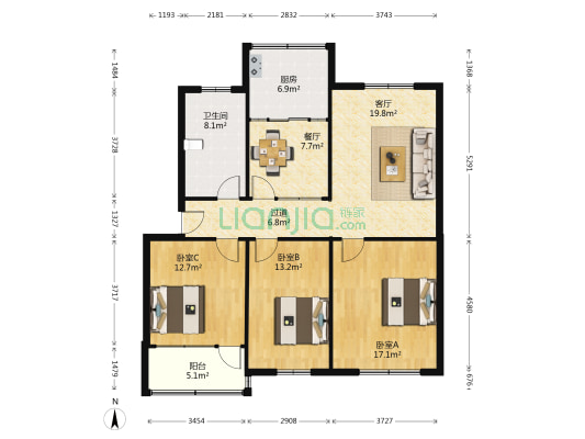 泰发公寓 3室2厅1卫 120平方