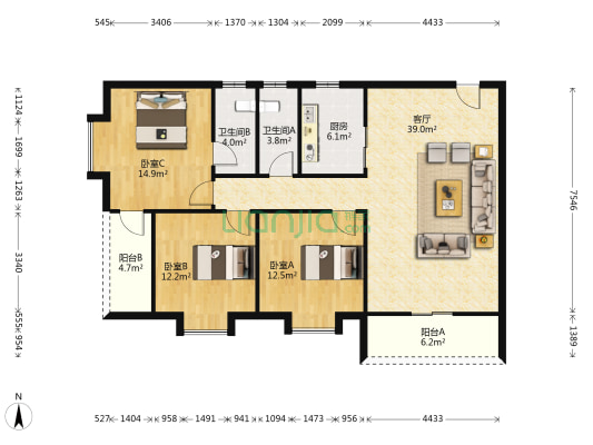 龙升豪苑 3室1厅2卫 113平方