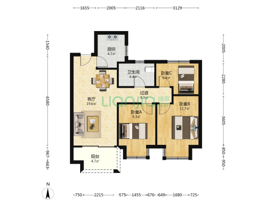 新力翡翠湾 3室1厅1卫 87平方