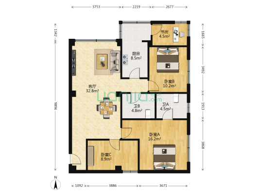 龙珠楼 4室1厅2卫 104平方