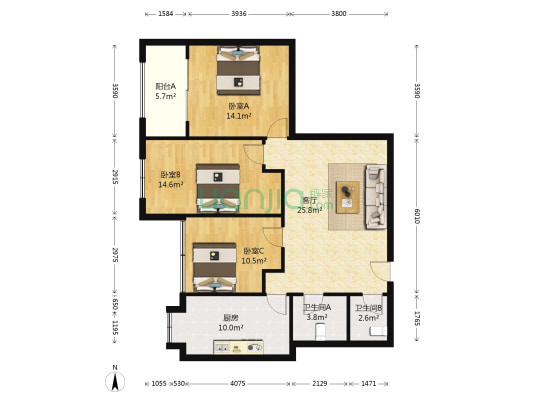 洪富楼 3室1厅2卫 95平方