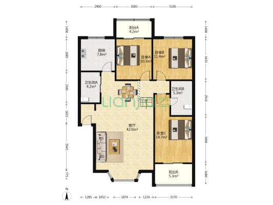 百花庭园 3室1厅2卫 120平方