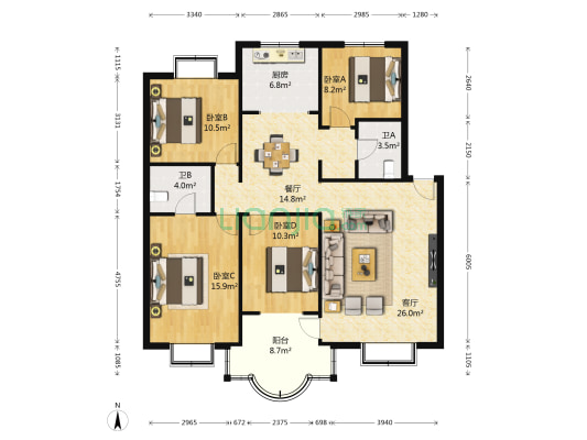 长庆未央湖花园 4室2厅2卫 132平方