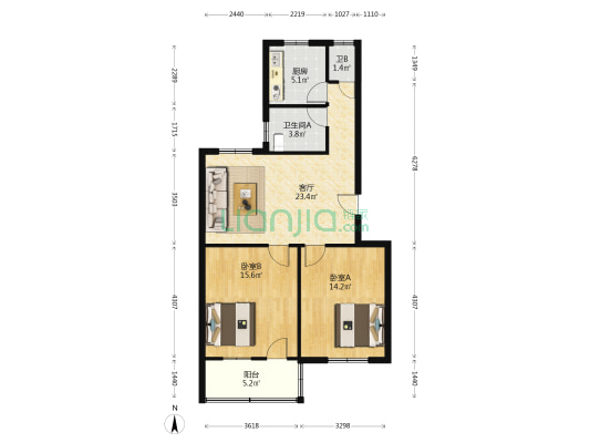 建设组团 2室1厅2卫 80平方