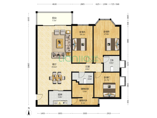 瑞亨大厦 3室1厅2卫 155平方