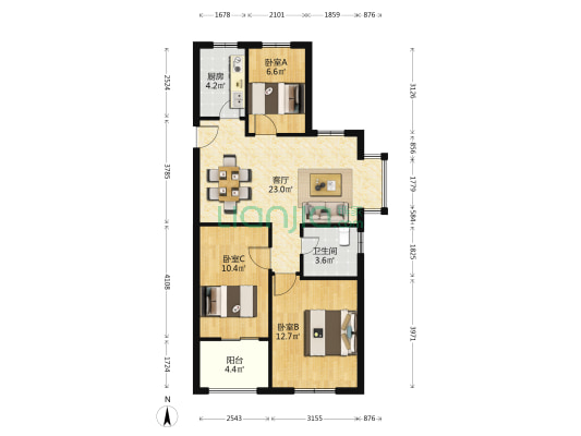 洲岛家园绿洲苑 3室1厅1卫 83平方