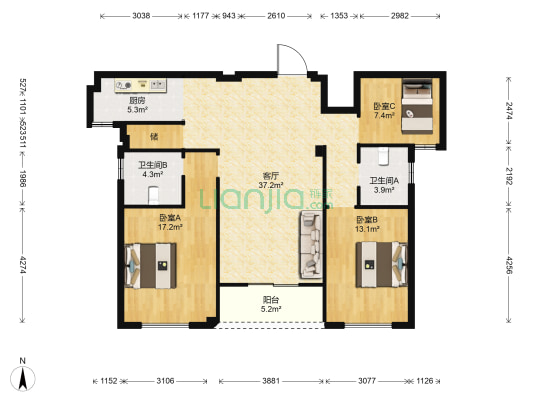 永宏锦园二期 3室1厅2卫 125平方