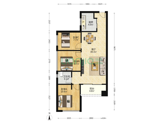 万科翡丽郡四期 3室1厅1卫 87平方