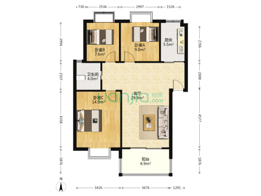 新庄花园 3室1厅1卫 92平方