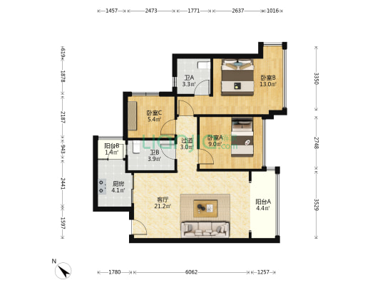 颐安滨悦名庭 3室1厅2卫 89平方