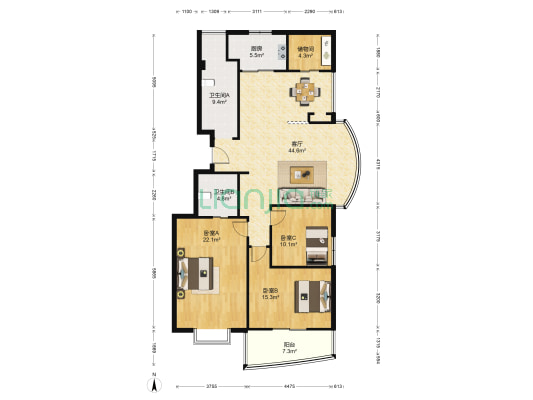 新华文景苑 3室1厅2卫 144平方