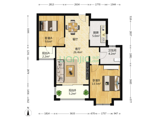 绿地中央广场二区 2室1厅1卫 91平方